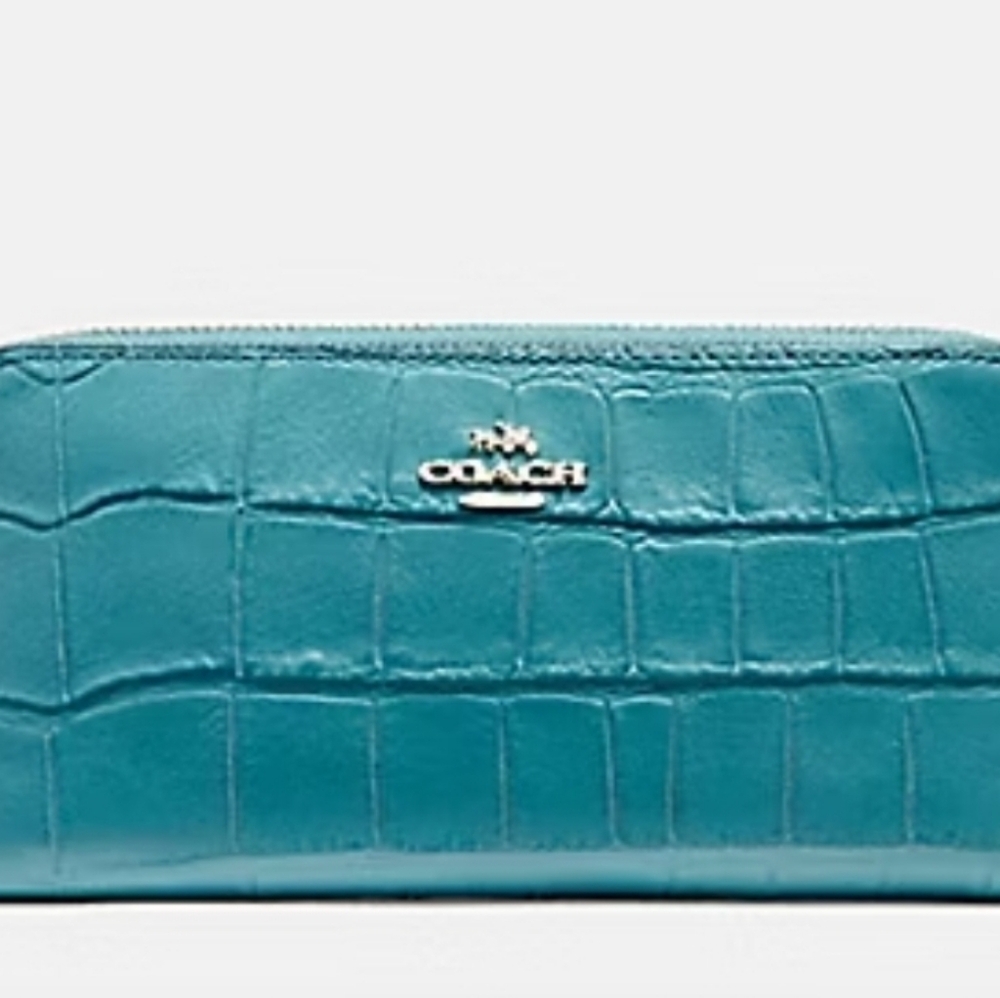 COACH F54757 ACCORDION ZIP WALLET IN CROCODILE EMBOSSED LEATHER Gold/teal - Picture 2 of 10